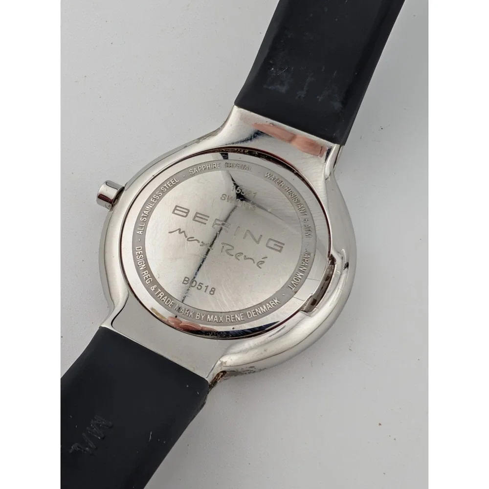 Bering Max Rene Watch Women 31mm Silver Case Gray Silicone Band-‎ New Battery